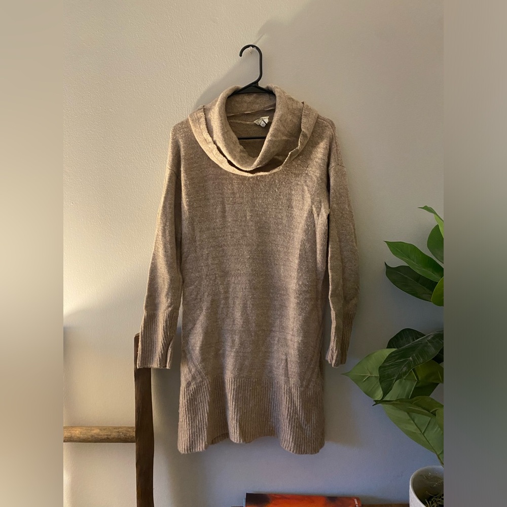 Anthropologie Tan Oat Sonoran Cowl Neck Wool Cotton Blend Sweater Dress size M - Picture 2 of 9